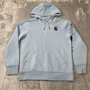 Carhartt  Mens Small 4-6 Relaxed Fit Hoodie Light Blue Sleeve Graphic Pullover